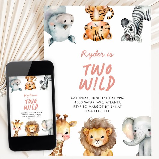 Two Wild Safari Animals 2nd Birthday 招待状