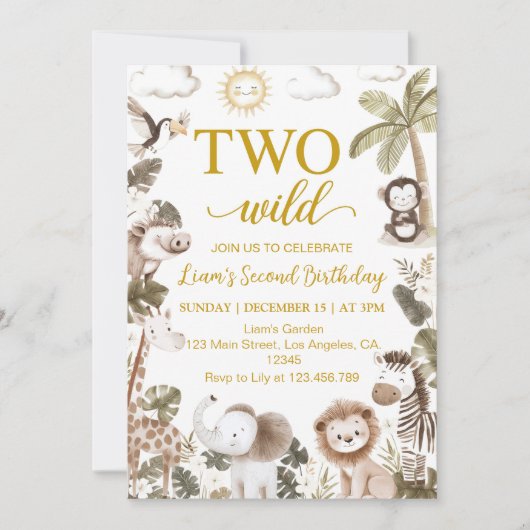 Two Wild Safari Animals 2nd Birthday Party 招待状 (正面)