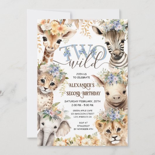 TWO Wild Safari Animals Boy 2nd誕生日 招待状 (正面)