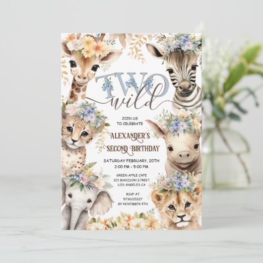 TWO Wild Safari Animals Boy 2nd誕生日 招待状 (スタンド正面)