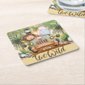 Two Wild Safari Animals Driving Car 2nd Birthday  スクエアペーパーコースター (アングル)