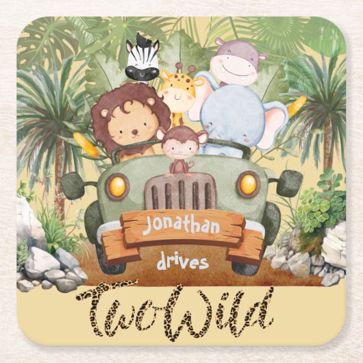 Two Wild Safari Animals Driving Car 2nd Birthday  スクエアペーパーコースター (正面)