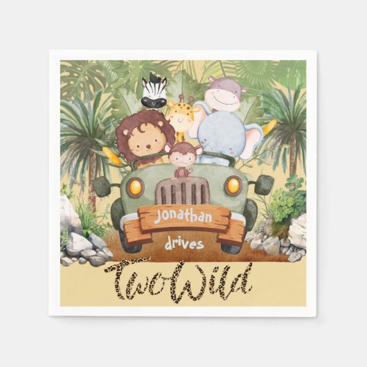Two Wild Safari Animals Driving Car 2nd Birthday  スタンダードカクテルナプキン (正面)