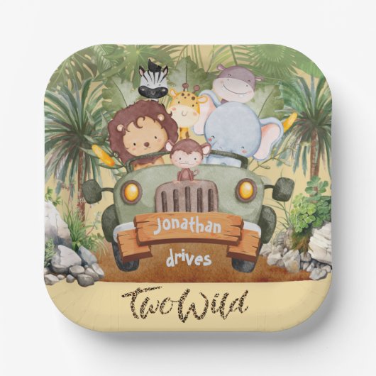 Two Wild Safari Animals Driving Car 2nd Birthday  ペーパープレート (正面)
