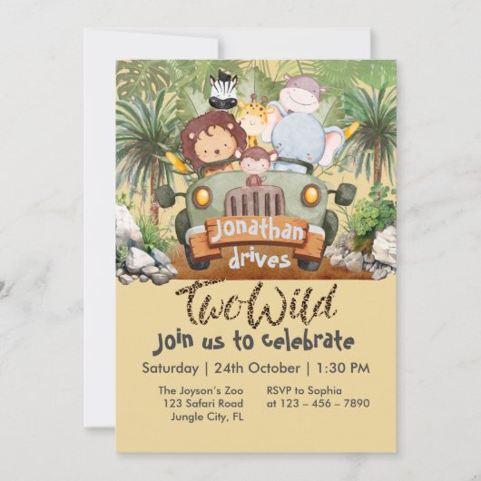 Two Wild Safari Animals Driving Car 2nd Birthday  招待状 (正面)