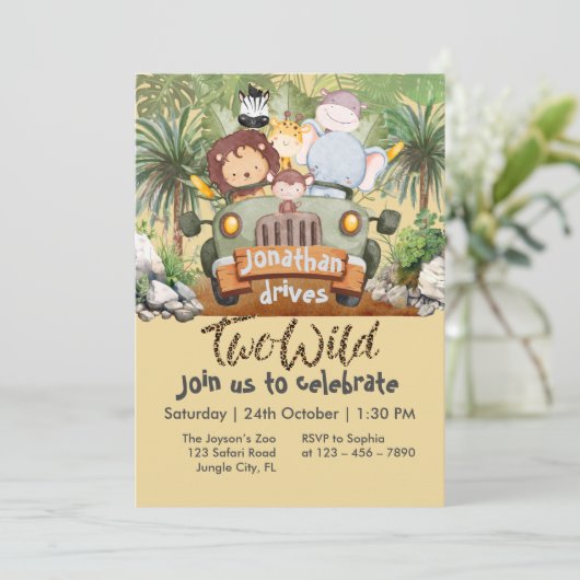 Two Wild Safari Animals Driving Car 2nd Birthday 招待状 (スタンド正面)