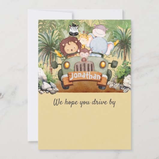 Two Wild Safari Animals Driving Car 2nd Birthday  招待状 (裏面)