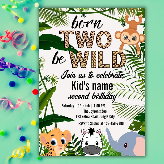 Two Wild Safari Animals Jungle Kids 2nd birthday 招待状