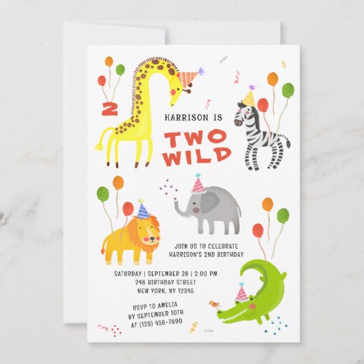 Two Wild Safari Animals Photo QRコード 2歳の誕生日 招待状 (正面)