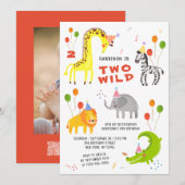 Two Wild Safari Animals Photo QRコード 2歳の誕生日 招待状 (正面/裏面)