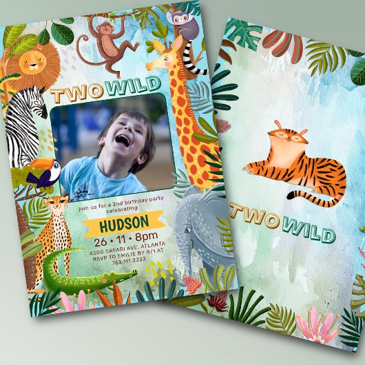 Two wild safari jungle animals boy birthday photo 招待状