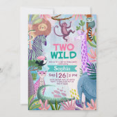 Two Wild safari jungle animals Girl birthday 招待状 (正面)