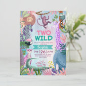 Two Wild safari jungle animals Girl birthday 招待状 (スタンド正面)