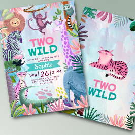 Two Wild safari jungle animals Girl birthday 招待状