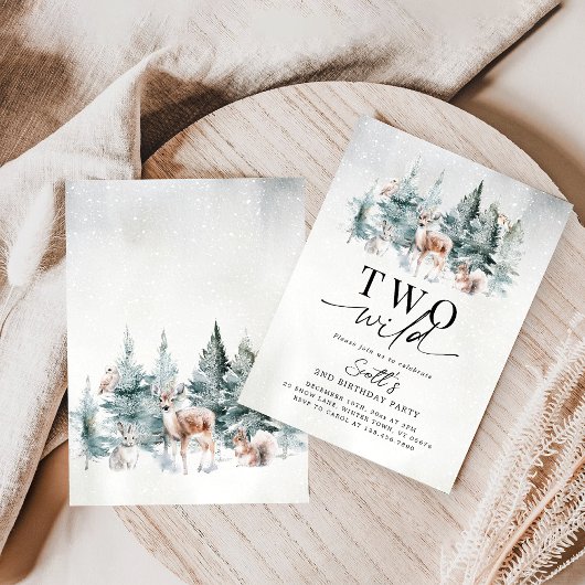 Two Wild Winter Woodland Animals 2nd Birthday 招待状