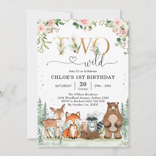 Two Wild Woodland Party Animals Girl 2nd Birthday 招待状 (正面)