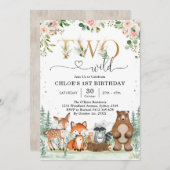Two Wild Woodland Party Animals Girl 2nd Birthday 招待状 (正面/裏面)