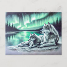 Two Wolves at the Waters Edge with Northern Lights