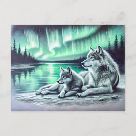 Two Wolves at the Waters Edge with Northern Lights ポストカード