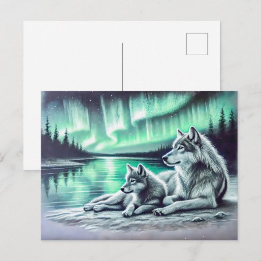 Two Wolves at the Waters Edge with Northern Lights ポストカード (正面/裏面)