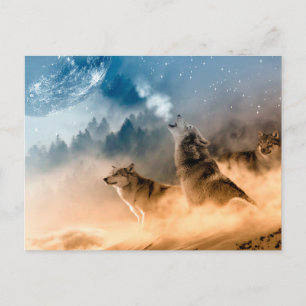 Two wolves howl at the full moon in forest ポストカード