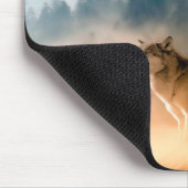 Two wolves howl at the full moon in forest マウスパッド (コーナー)