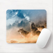 Two wolves howl at the full moon in forest マウスパッド (マウス)