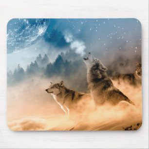 Two wolves howl at the full moon in forest マウスパッド
