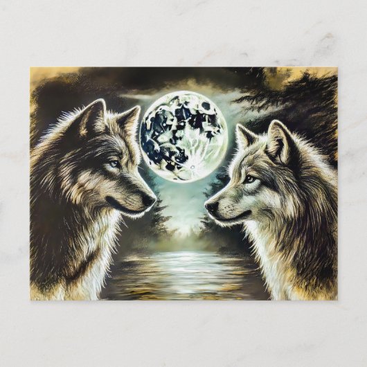 Two Wolves in Moonlight with Pack ポストカード (正面)