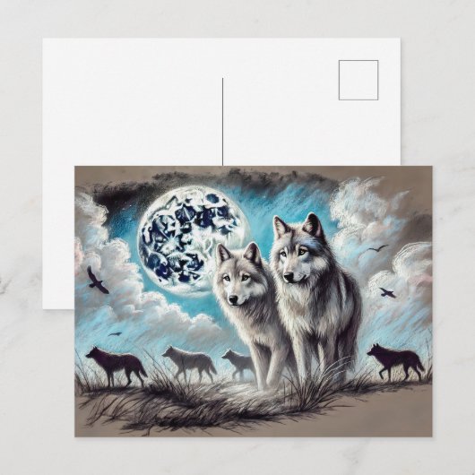 Two Wolves in Moonlight with Pack ポストカード (正面/裏面)