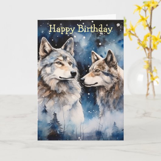 Two Wolves in Winter カード (黄色い花)