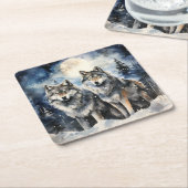 Two Wolves in Winter スクエアペーパーコースター (アングル)
