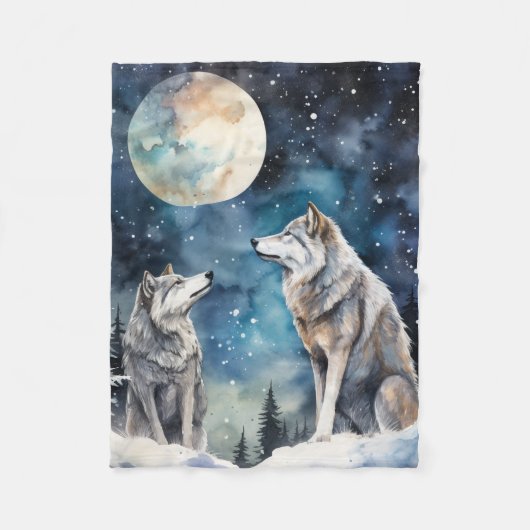 Two Wolves in Winter フリースブランケット (正面)