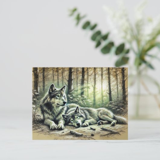 Two Wolves Resting in the Forest ポストカード (スタンド正面)