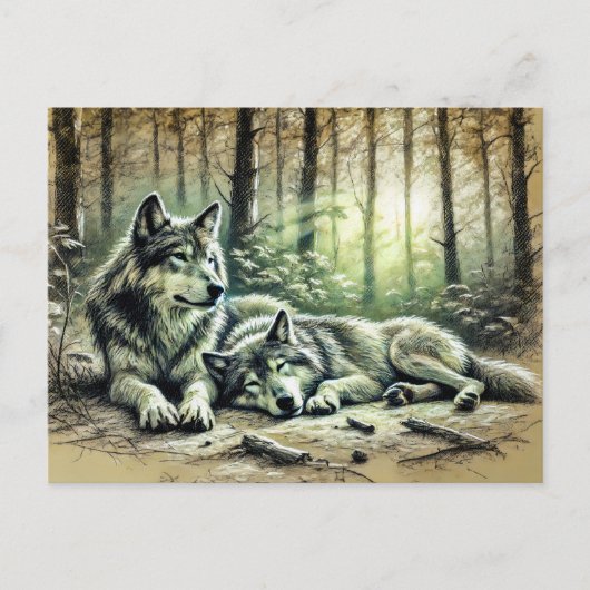 Two Wolves Resting in the Forest ポストカード (正面)