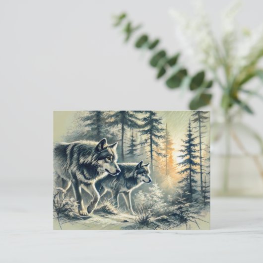 Two Wolves Running at Sunrise ポストカード (スタンド正面)