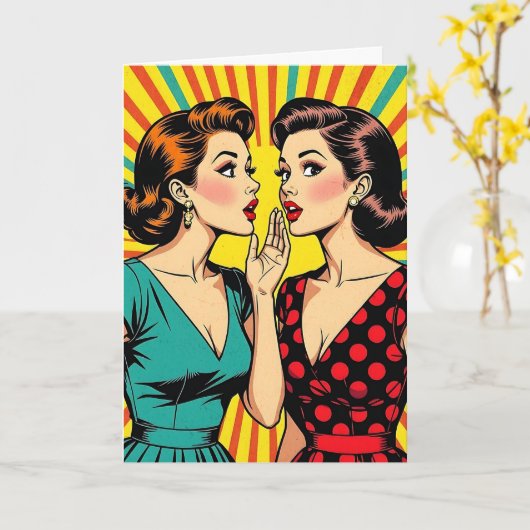 Two Woman Gossiping Telling Secrets Friendship カード (黄色い花)
