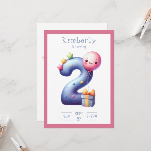 Two Years Old Simplistic Birthday Invitation 招待状 (正面/裏面インサイチュ)