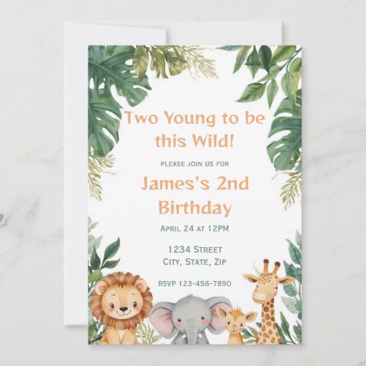 Two Young Safari Jungle Animals 2nd Birthday 招待状 (正面)