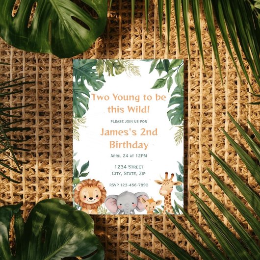 Two Young Safari Jungle Animals 2nd Birthday 招待状