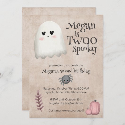 Twoo Spooky Kawaii Ghost Halloween Birthday 招待状 (正面/裏面)