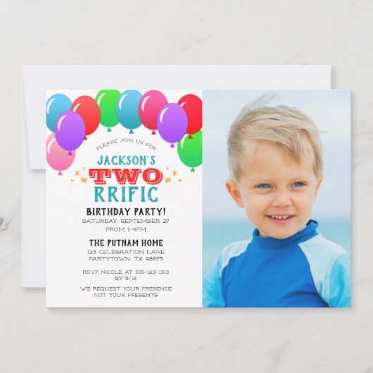TWOrrificの第2誕生日の気球の青の写真 招待状 (正面)