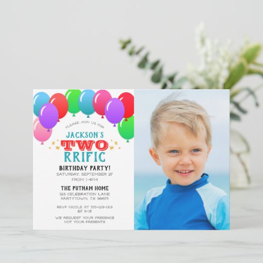 TWOrrificの第2誕生日の気球の青の写真 招待状 (スタンド正面)