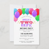 TWOrrific 2歳の誕生日バルーンバナー 紫 招待状 (正面)