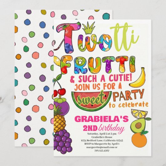 TWOtti Fruttiトロピカル フルーツ 女の子 2歳 誕生日 招待状 (正面/裏面)