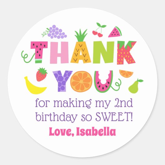 TWOtti Frutti 2nd Birthday Thank You Stickers ラウンドシール (正面)