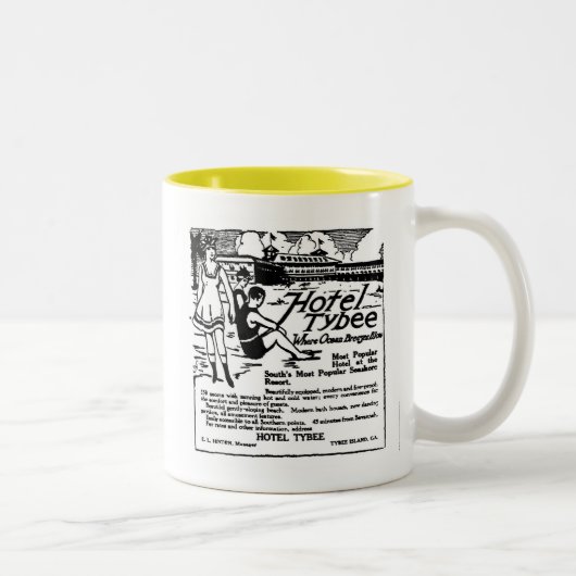 Tybeeの島のジョージアのヴィンテージ新聞illustratio ツートーンマグカップ (右)