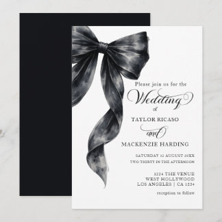 Tying the Knot Black Ribbon Watercolor Wedding 招待状