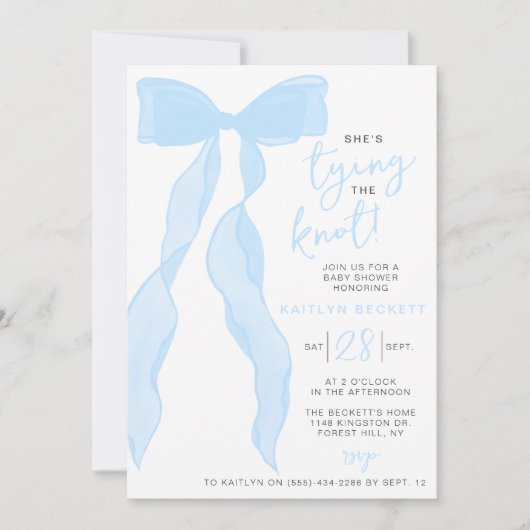 Tying The Knot Elegant Blue Bow Bridal Shower 招待状 (正面)