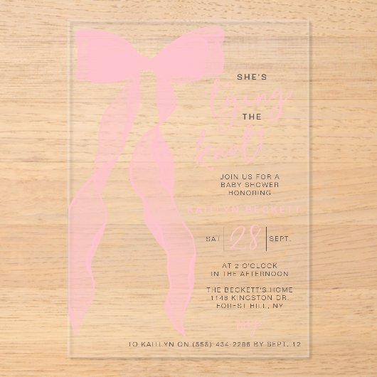 Tying The Knot Elegant Pink Bow Bridal Shower アクリル招待状 (正面)
